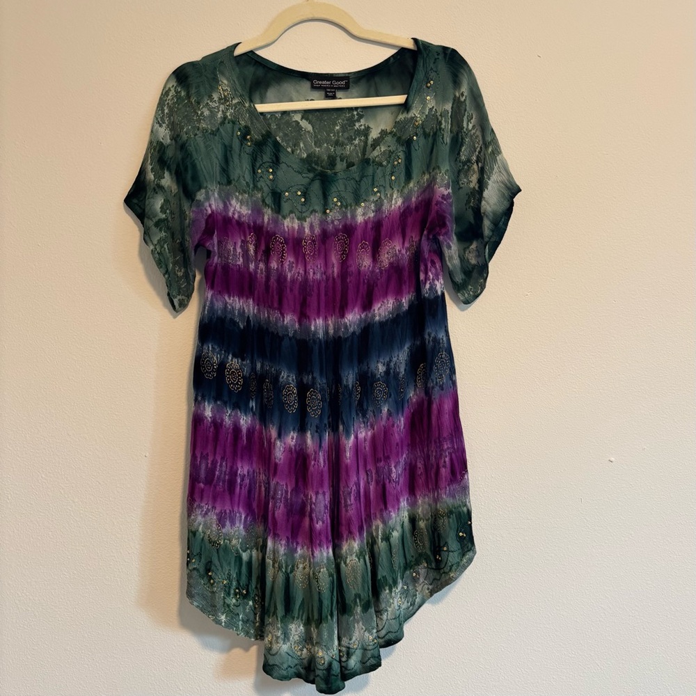 Greater Good Women’s Top Tunic Free Size One Size Green Purple Blue Beaded